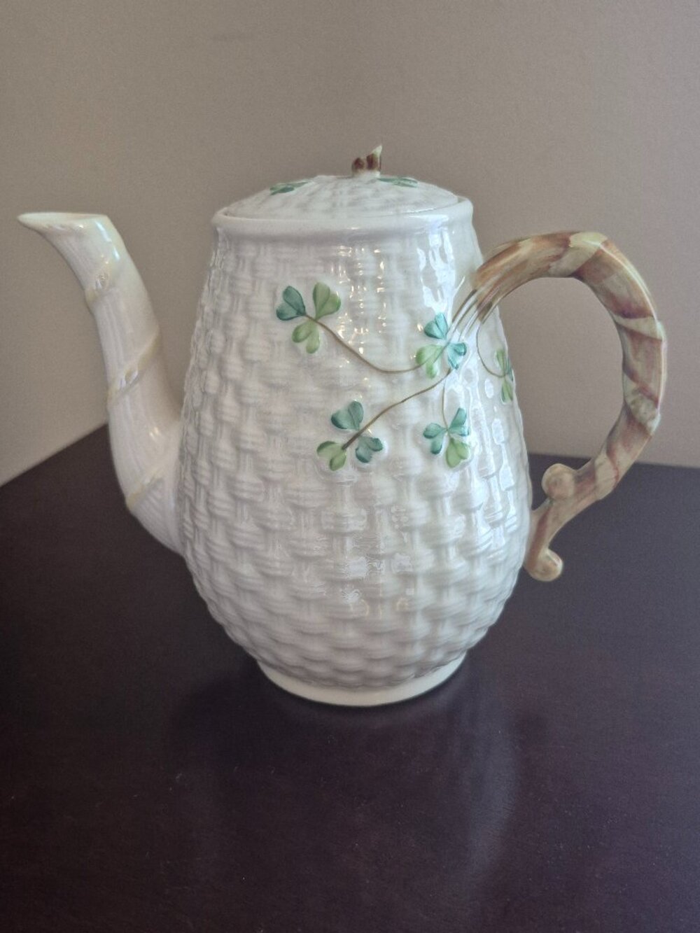 Belleek Irish Porcelain Tall Tea Pot White Basket Weave Shamrock 1926-46 Vintage
